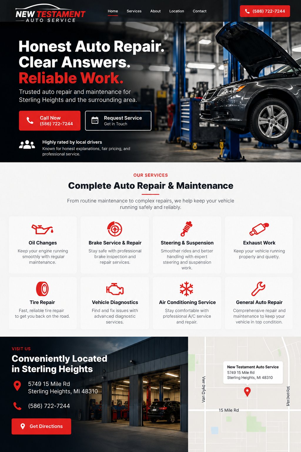 Illustrative auto repair homepage concept with a dark hero, red accents, service categories, and location information