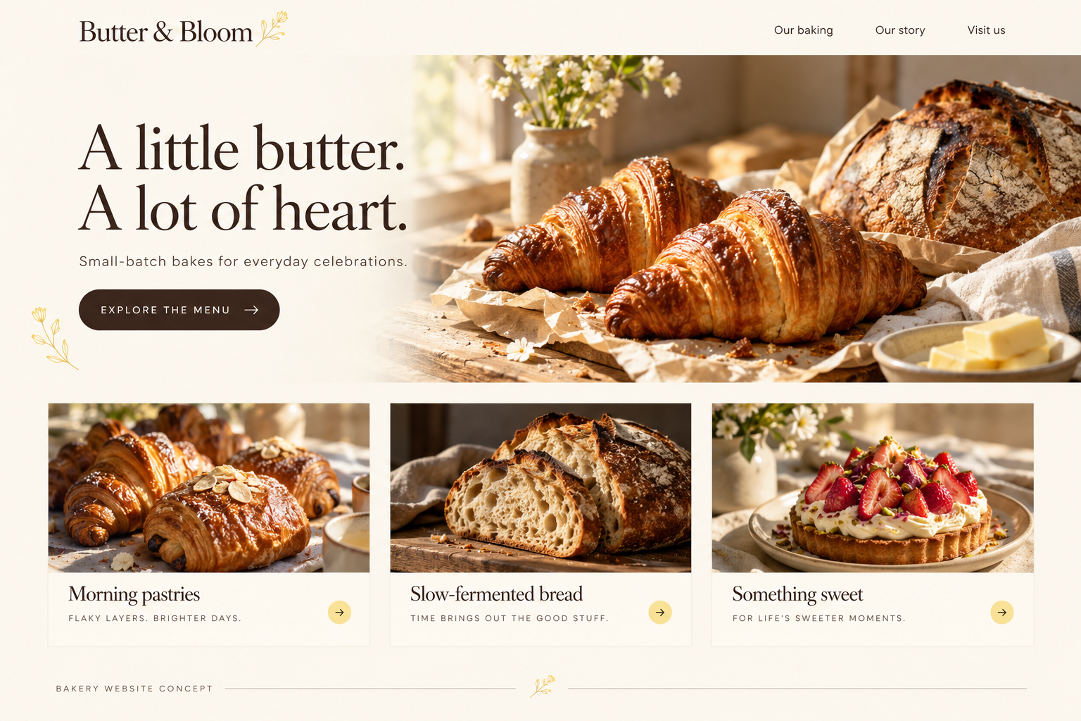 Fictional bakery website concept with warm ivory colors, elegant type, and pastry photography
