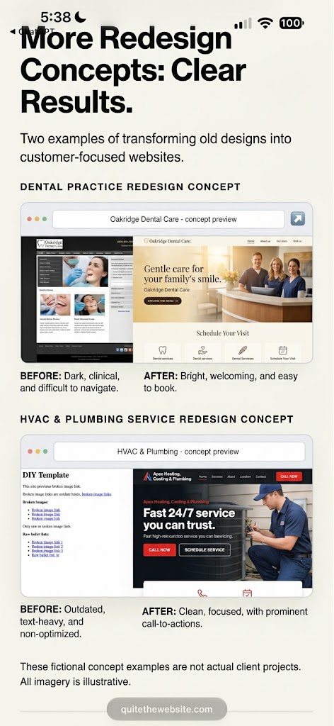 Before: a crowded, dark layout. After: a welcoming design with a clear way to schedule a visit.