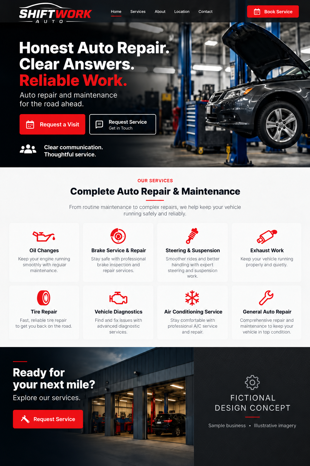 Illustrative auto repair homepage concept with a dark hero, red accents, service categories, and a service request section